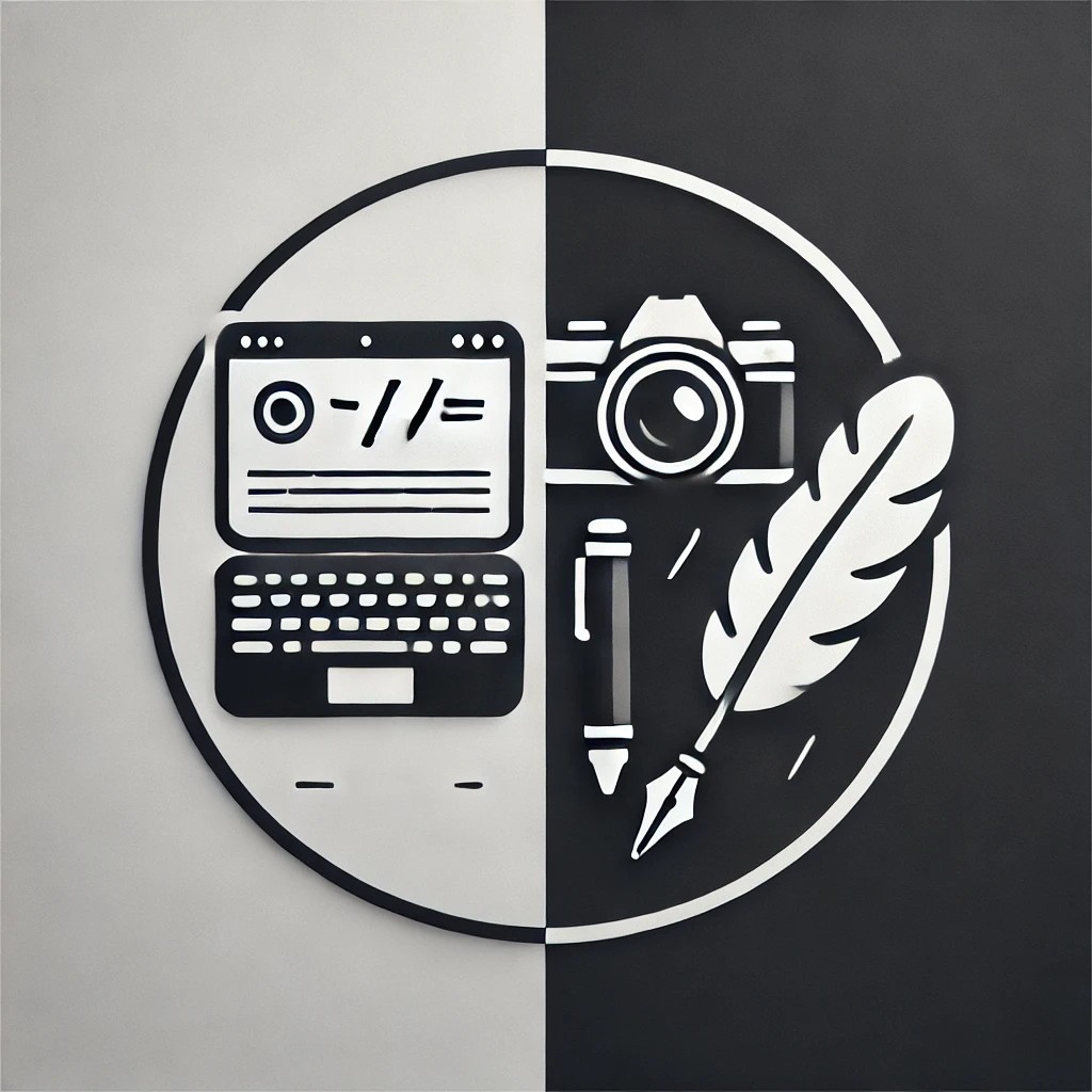 WaynSpace 部落格 Logo，黑白風格，包含鍵盤、相機與羽毛筆